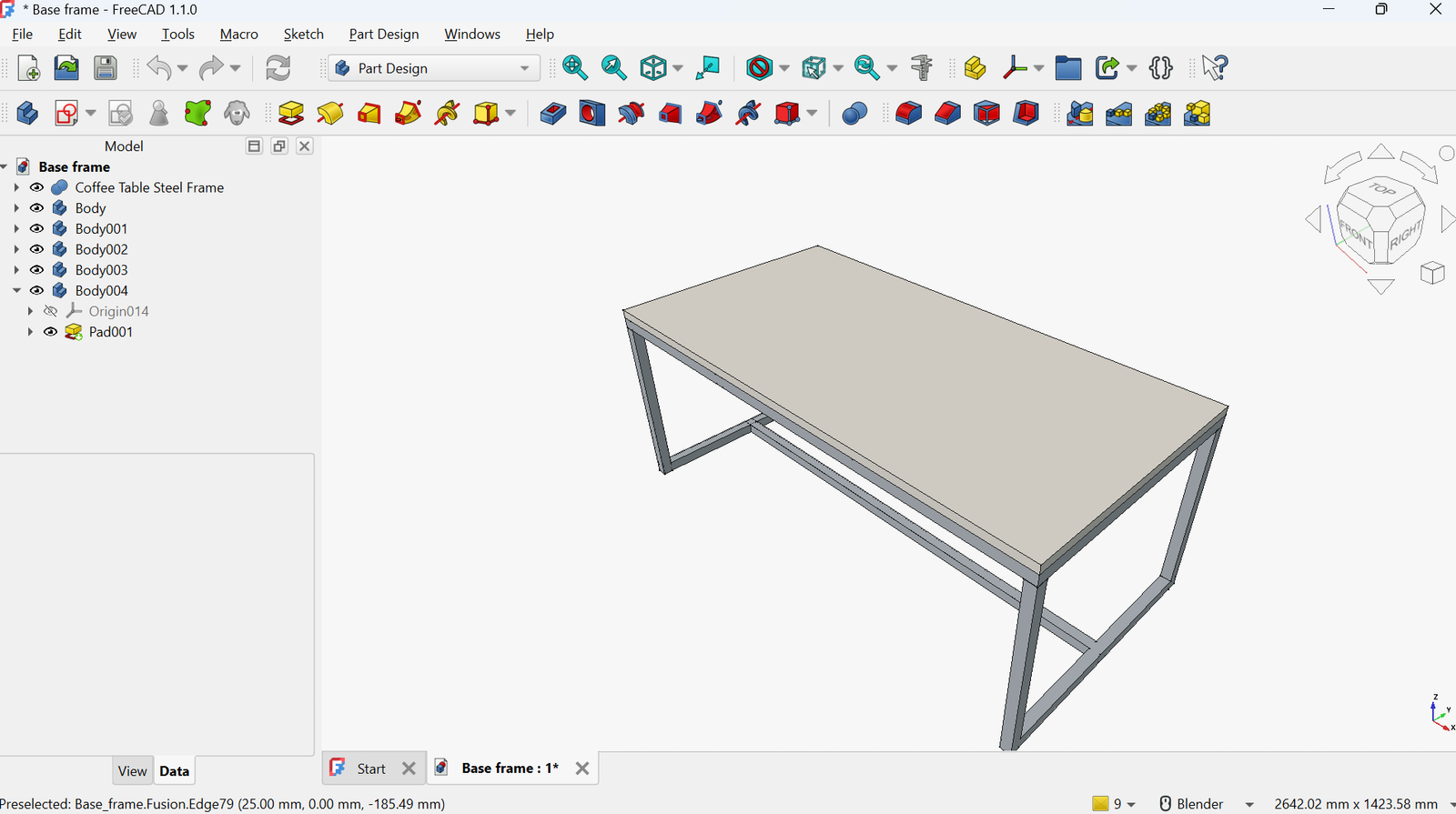 KATACHI Coffee Table digital design model showing the steel frame and proportions