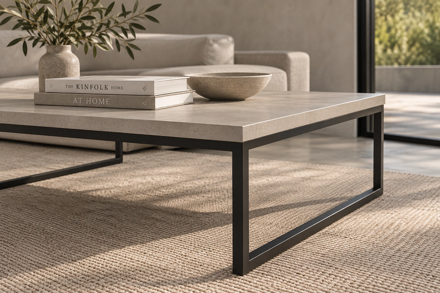 Close-up of the GFRC edge and black steel frame of the KATACHI coffee table