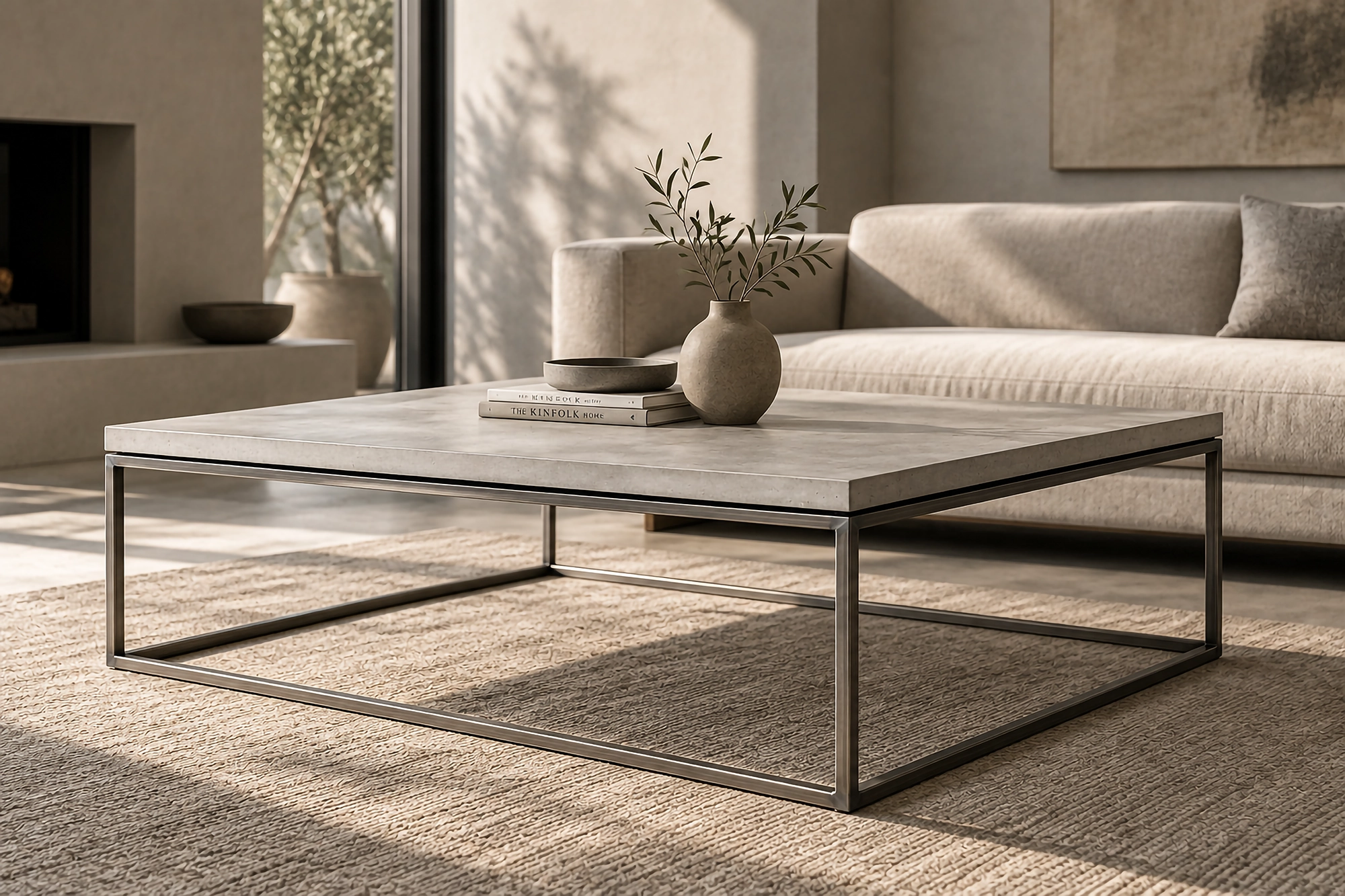 KATACHI coffee table with smooth GFRC top and black steel frame in a warm contemporary living room