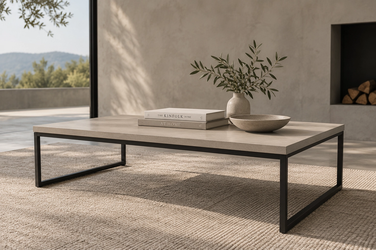 KATACHI coffee table with smooth GFRC top and black steel frame in a warm contemporary living room