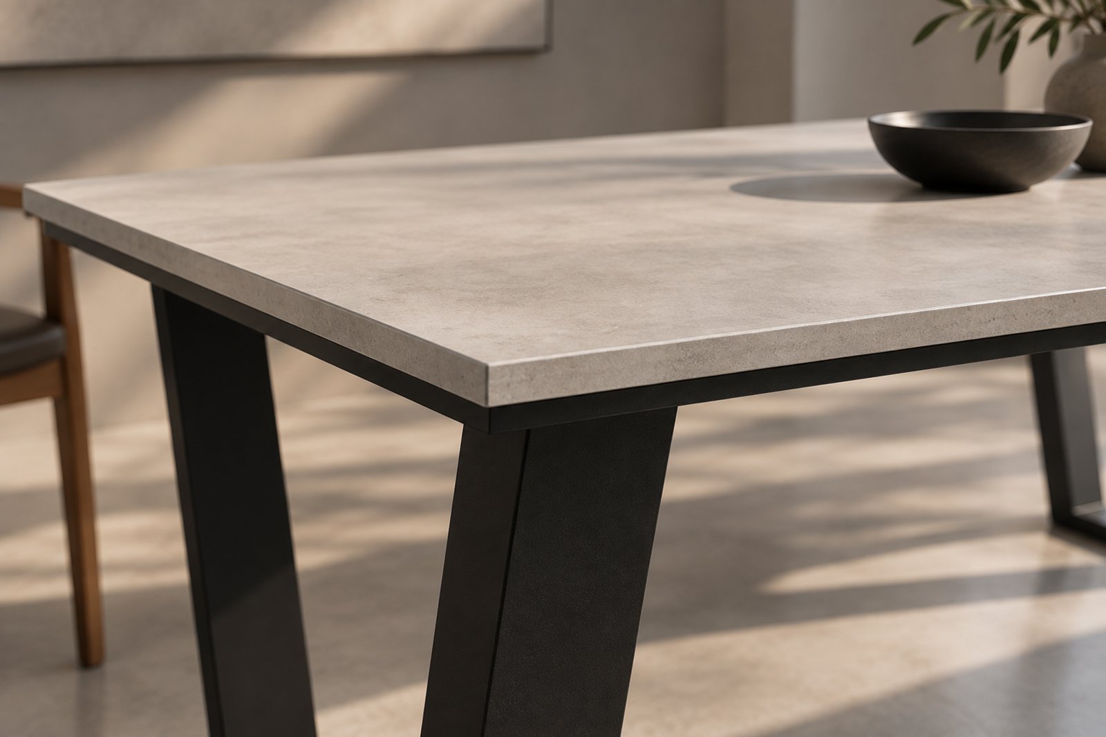 Close-up of the smooth GFRC tabletop and thin edge of the KATACHI dining table