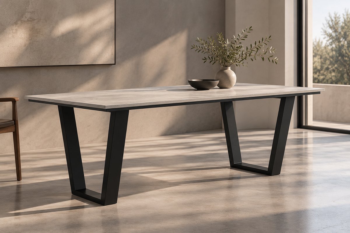 KATACHI dining table with smooth GFRC top and matte black steel frame in a warm architectural interior