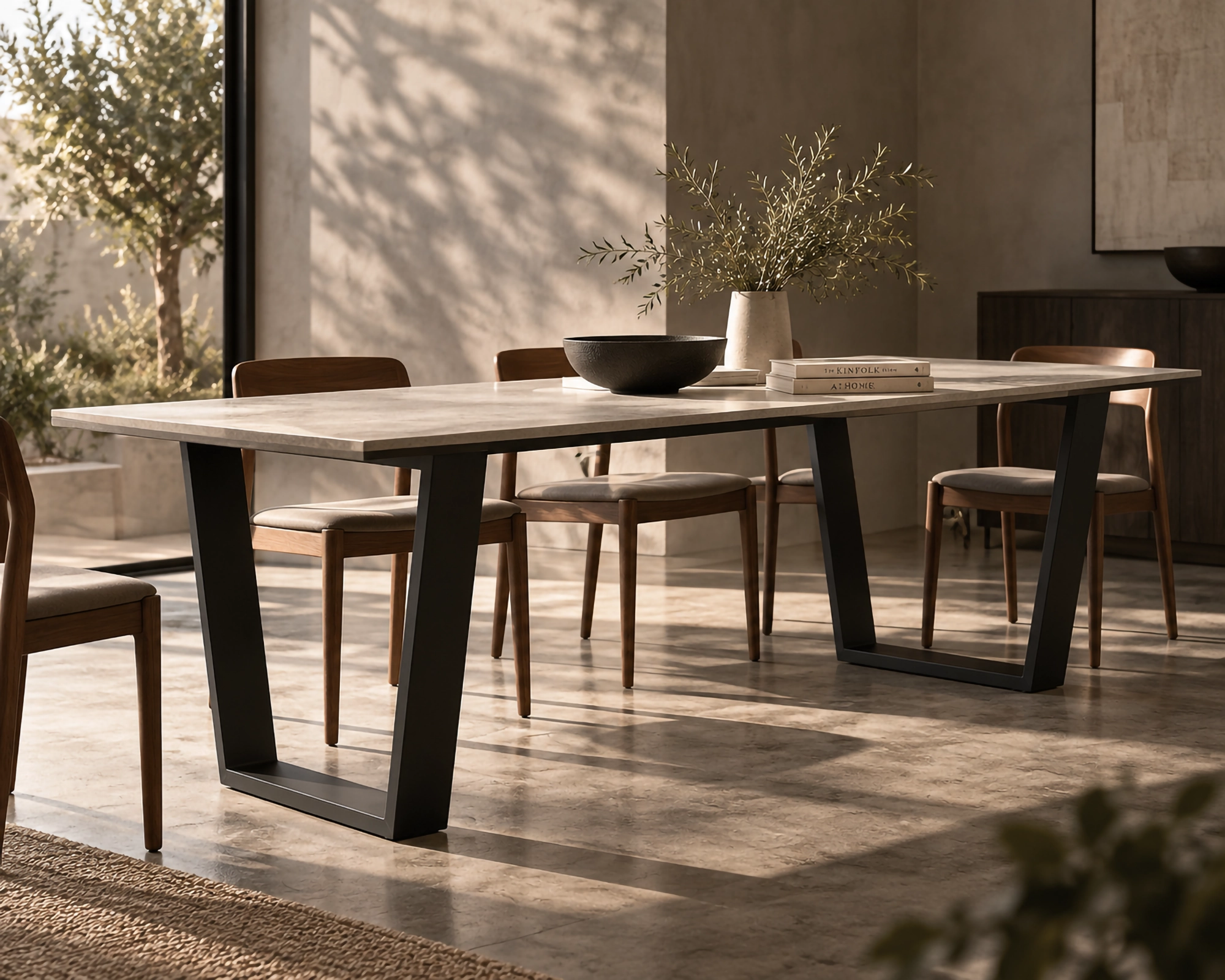 KATACHI dining table with mineral GFRC top and black steel frame in a warm architectural interior