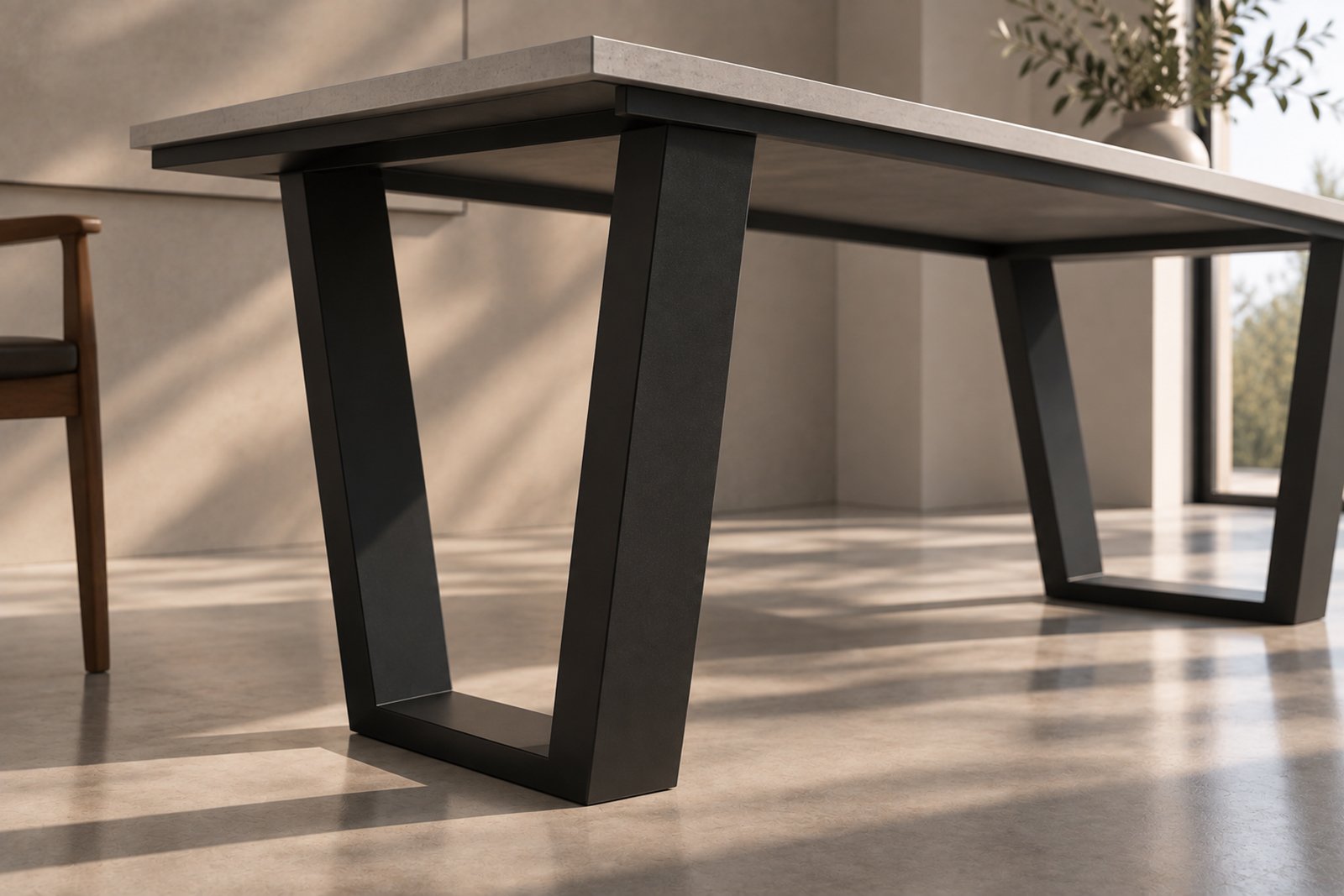 Matte black steel frame detail of the KATACHI dining table