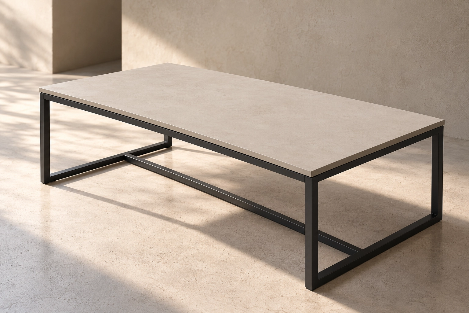KATACHI coffee table design visualisation showing a mineral-toned top and precise charcoal steel frame