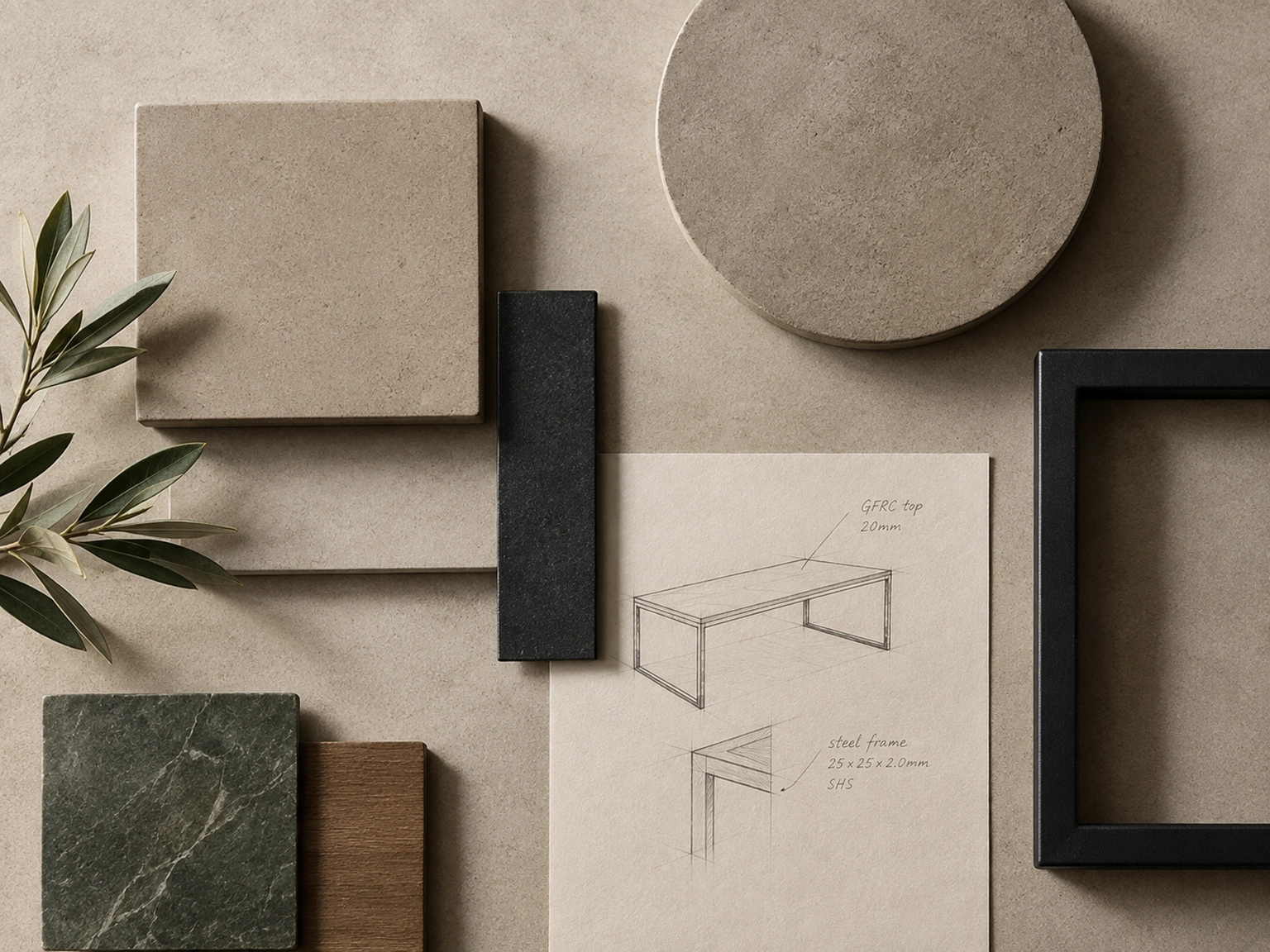 KATACHI design study showing GFRC material samples, charcoal steel and furniture sketches